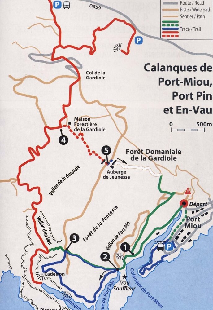 Схема пешеходных маршрутов до каланокPort-Miou,Port-Pinи En-Vau