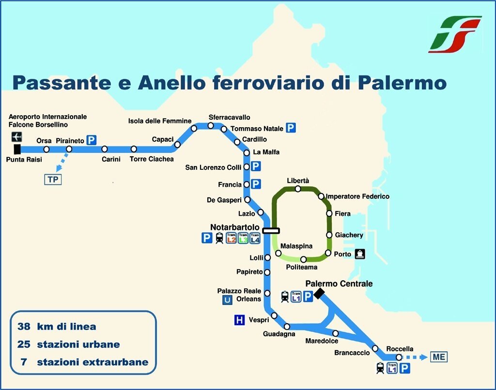Голубая линия - маршрут электрички Punta Raisi - Palermo Centrale