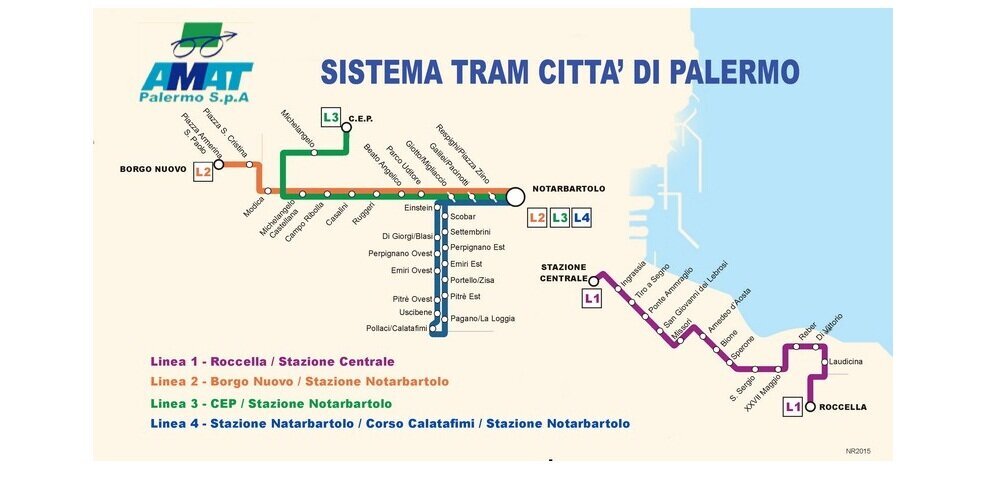 Карта трамвайных маршрутов в Палермо