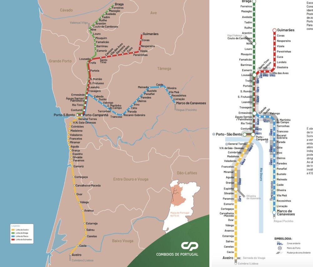 Маршруты пригородных поездов в Порту. На схеме справа серым обозначены зоны Анданте.
