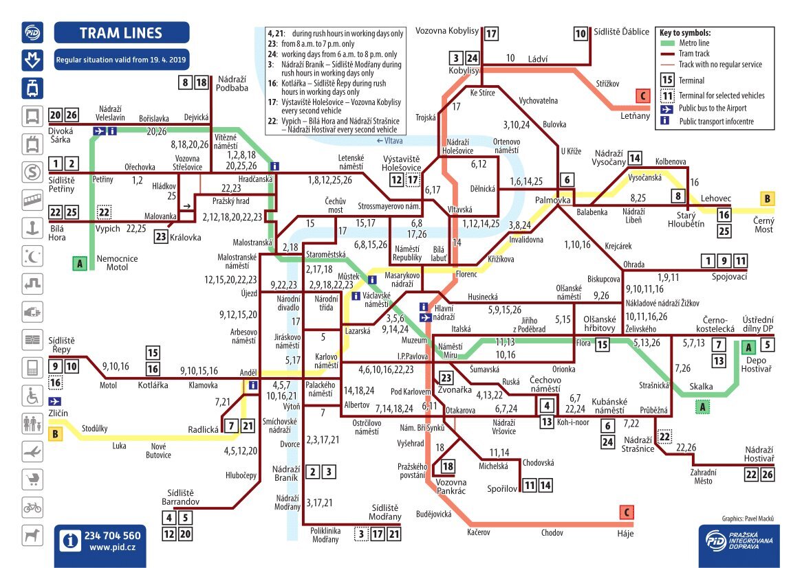 Подробная схема маршрутов трамваев в Праге