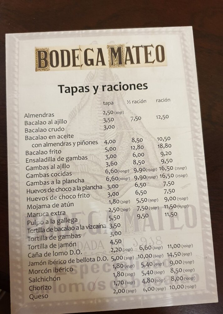 Menu from the Bodega Mateo bar - a little away from the center