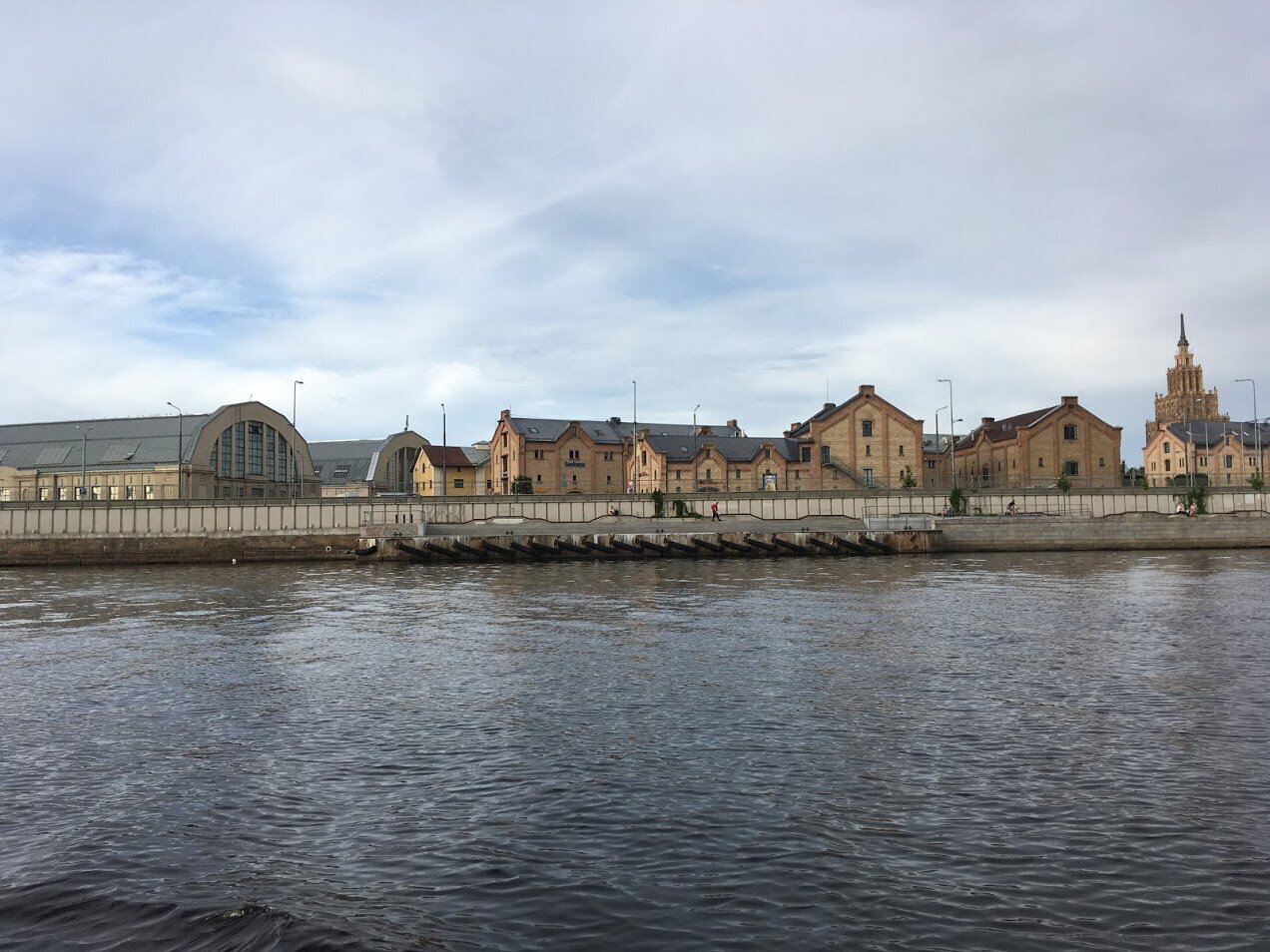 View of Maskavas forstadt from the River Daugava. Central Market, Spikeri, Academy of Sciences