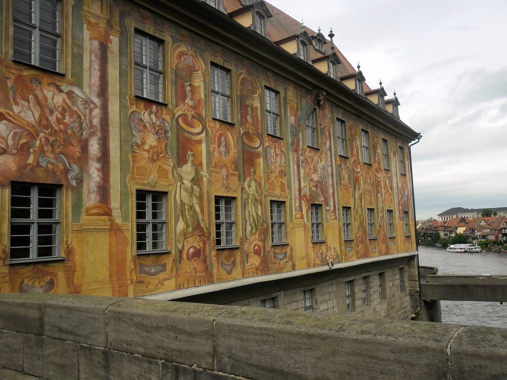 The historic buildings are painted very realistically