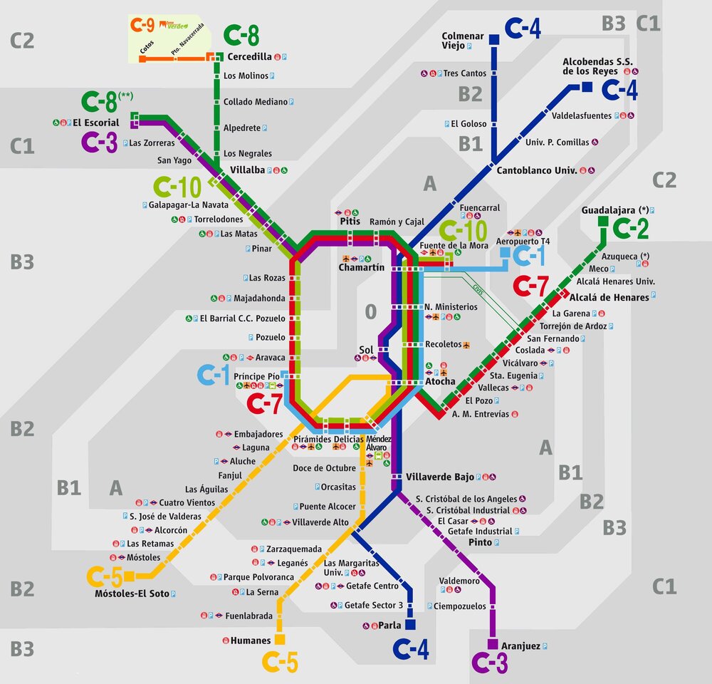Схема пригородных поездов-электричек  в Мадриде