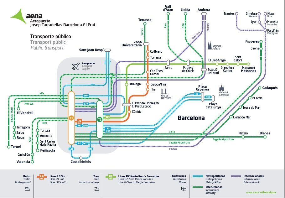 Карта общественного транспорта из аэропорта Барселоны